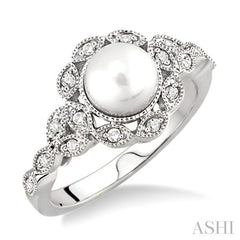 6.5 MM Cultured Pearl and 1/8 Ctw Round Cut Diamond Ring in 10K White Gold