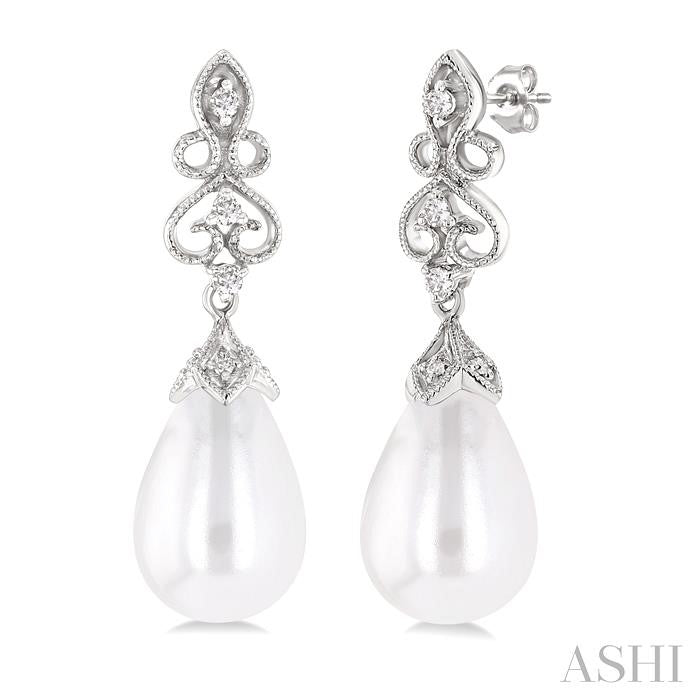 8X6 MM Cultured Pearl and 1/20 Ctw Round Cut Diamond Earrings in 10K White Gold