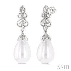 8X6 MM Cultured Pearl and 1/20 Ctw Round Cut Diamond Earrings in 10K White Gold