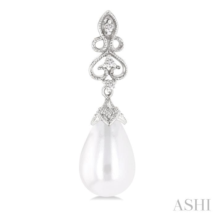 8X6 MM Cultured Pearl and 1/20 Ctw Round Cut Diamond Earrings in 10K White Gold