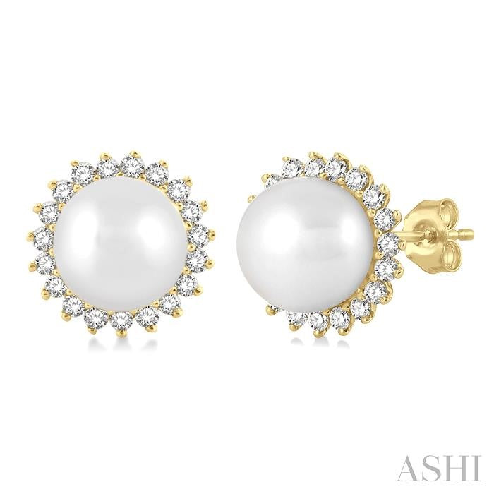 5.5 MM Round Shape Cultured Pearls and 1/6 Ctw Petite Sunflower Round Cut Diamond Fashion Stud Earring in 10K Yellow Gold