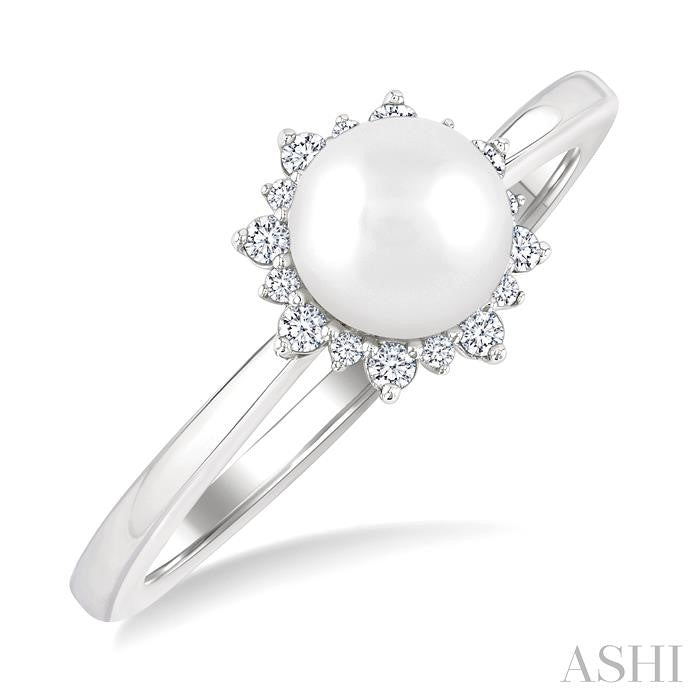 6 MM Round Shape Cultured Pearl and 1/10 Ctw Petite Round Cut Diamond Sunburst Halo Fashion Ring in 10K White Gold