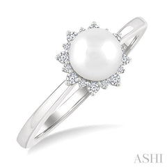 6 MM Round Shape Cultured Pearl and 1/10 Ctw Petite Round Cut Diamond Sunburst Halo Fashion Ring in 10K White Gold