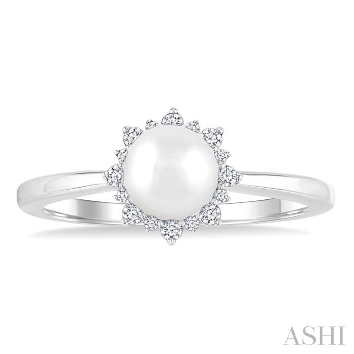 6 MM Round Shape Cultured Pearl and 1/10 Ctw Petite Round Cut Diamond Sunburst Halo Fashion Ring in 10K White Gold