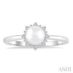 6 MM Round Shape Cultured Pearl and 1/10 Ctw Petite Round Cut Diamond Sunburst Halo Fashion Ring in 10K White Gold