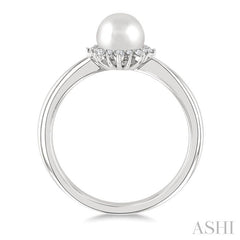 6 MM Round Shape Cultured Pearl and 1/10 Ctw Petite Round Cut Diamond Sunburst Halo Fashion Ring in 10K White Gold