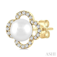 5 MM Cultured Pearl and 1/6 Ctw Round Cut Diamond Clover Petite Fashion Earrings in 10K Yellow Gold