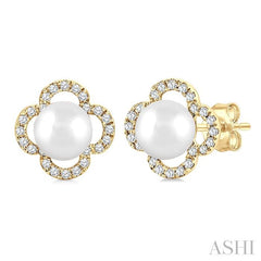 5 MM Cultured Pearl and 1/6 Ctw Round Cut Diamond Clover Petite Fashion Earrings in 10K Yellow Gold