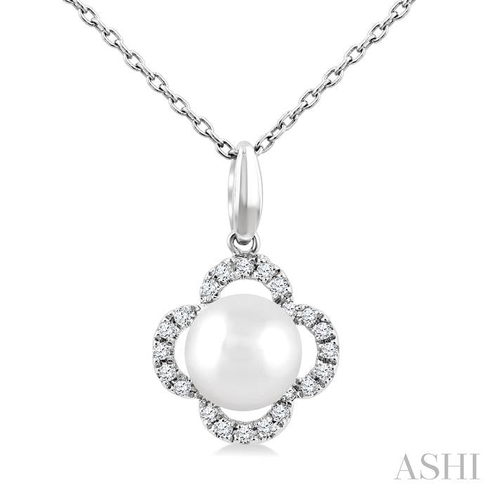 6 MM Cultured Pearl and 1/10 Ctw Round Cut Diamond Clover Petite Fashion Pendant With Chain in 10K White Gold