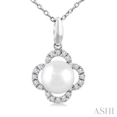6 MM Cultured Pearl and 1/10 Ctw Round Cut Diamond Clover Petite Fashion Pendant With Chain in 10K White Gold