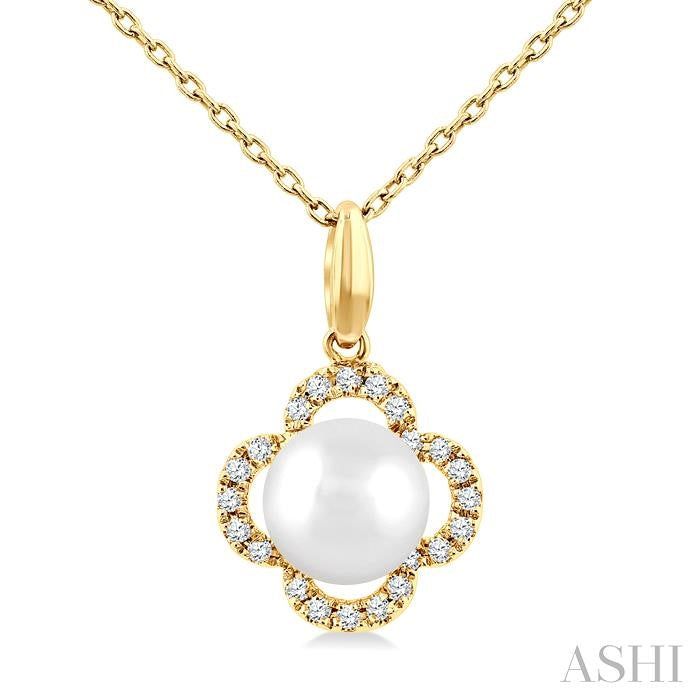 6 MM Cultured Pearl and 1/10 Ctw Round Cut Diamond Clover Petite Fashion Pendant With Chain in 10K Yellow Gold