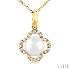 6 MM Cultured Pearl and 1/10 Ctw Round Cut Diamond Clover Petite Fashion Pendant With Chain in 10K Yellow Gold