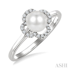 6 MM Cultured Pearl and 1/10 Ctw Round Cut Diamond Clover Petite Fashion Ring in 10K White Gold