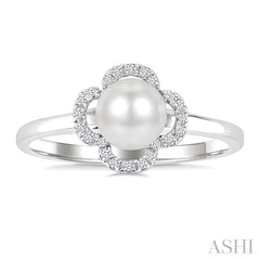 6 MM Cultured Pearl and 1/10 Ctw Round Cut Diamond Clover Petite Fashion Ring in 10K White Gold