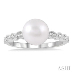 8 MM Cultured Pearl and 1/10 Ctw Round Cut Diamond Ring in 14K White Gold