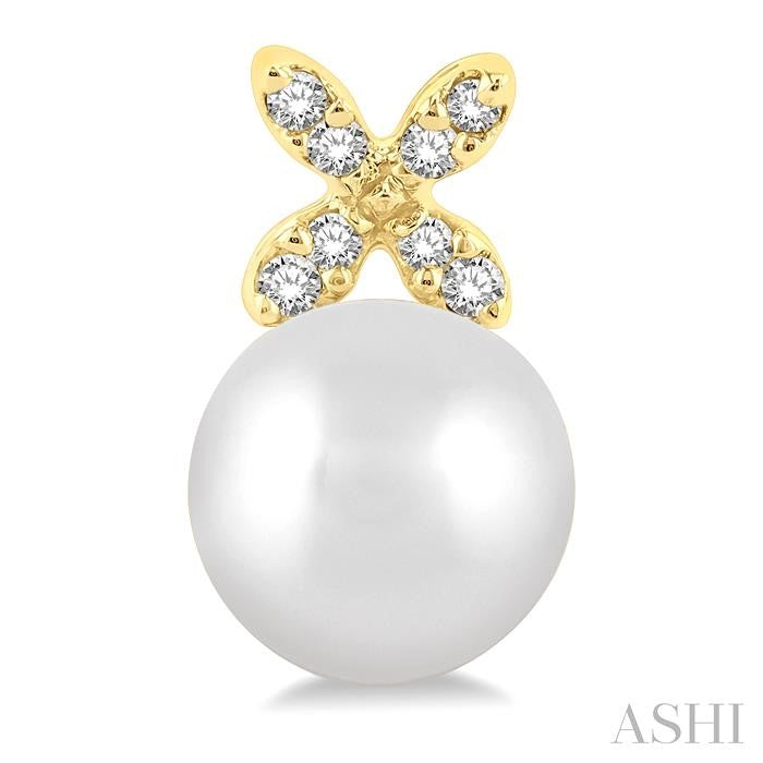 5.5 MM Round Shape Cultured Pearls and 1/20 Ctw Petite 4-Petal Flower Round Cut Diamond Fashion Stud Earring in 10K Yellow Gold