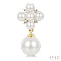 3MM & 7MM White Cultured Pearl and 1/10 Ctw Round Cut Diamond Fashion Earrings in 10K Yellow Gold