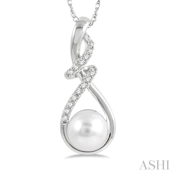 7 MM Round Shape Cultured Pearl and 1/10 Ctw Swirl Top Round Cut Diamond Fashion Pendant With Chain in 10K White Gold