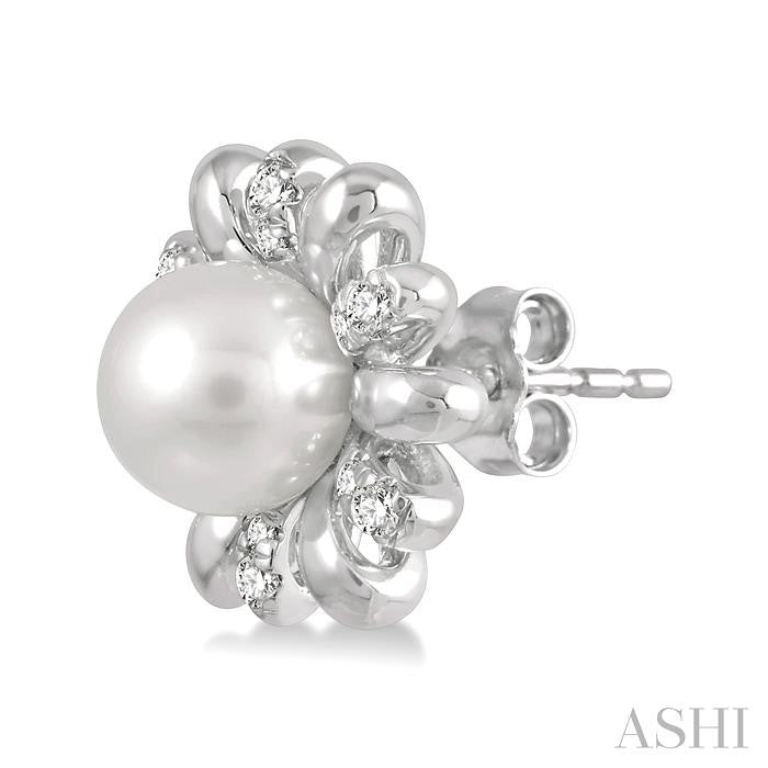 6 MM Round Shape Floral Cultured Pearls and 1/6 Ctw Round Cut Diamond Earring in 10K White Gold