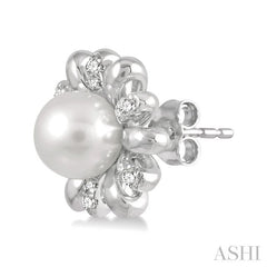 6 MM Round Shape Floral Cultured Pearls and 1/6 Ctw Round Cut Diamond Earring in 10K White Gold