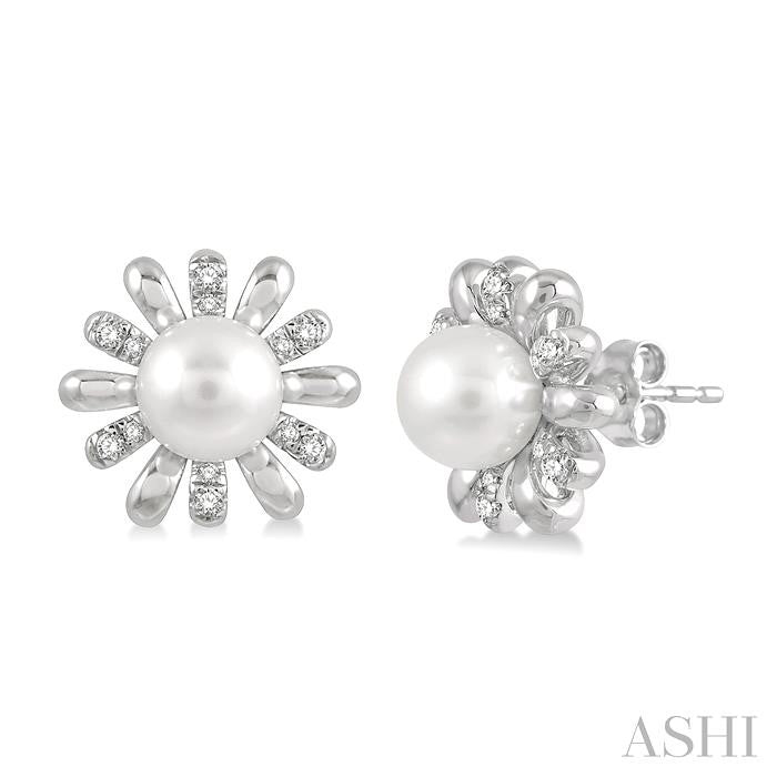 6 MM Round Shape Floral Cultured Pearls and 1/6 Ctw Round Cut Diamond Earring in 10K White Gold
