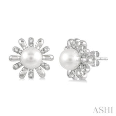 6 MM Round Shape Floral Cultured Pearls and 1/6 Ctw Round Cut Diamond Earring in 10K White Gold