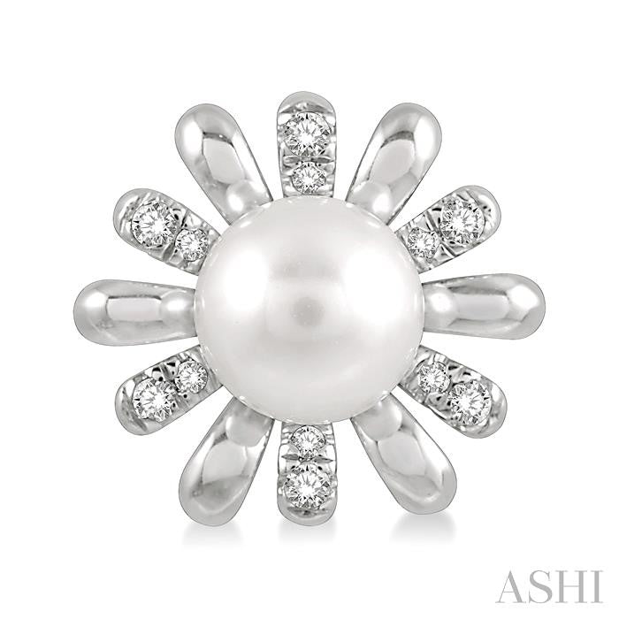 6 MM Round Shape Floral Cultured Pearls and 1/6 Ctw Round Cut Diamond Earring in 10K White Gold