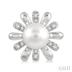6 MM Round Shape Floral Cultured Pearls and 1/6 Ctw Round Cut Diamond Earring in 10K White Gold