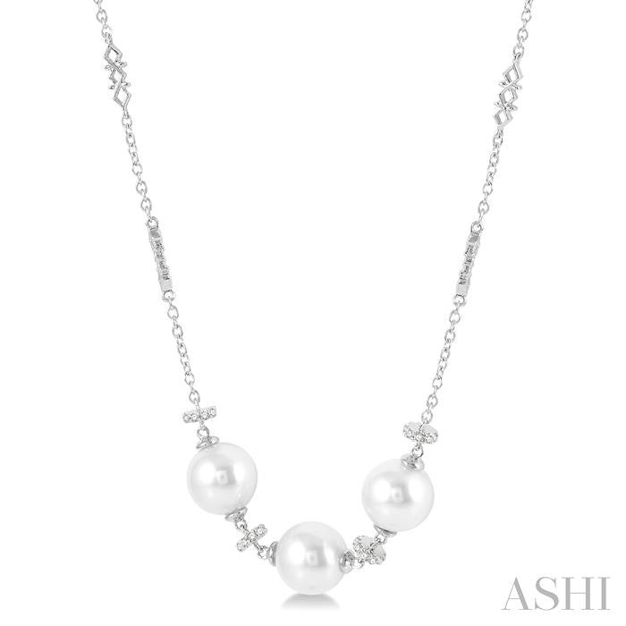 8 MM Triple Cultured Pearls and 1/5 Ctw Round Cut Diamond Circular Mount Necklace in 14K White Gold