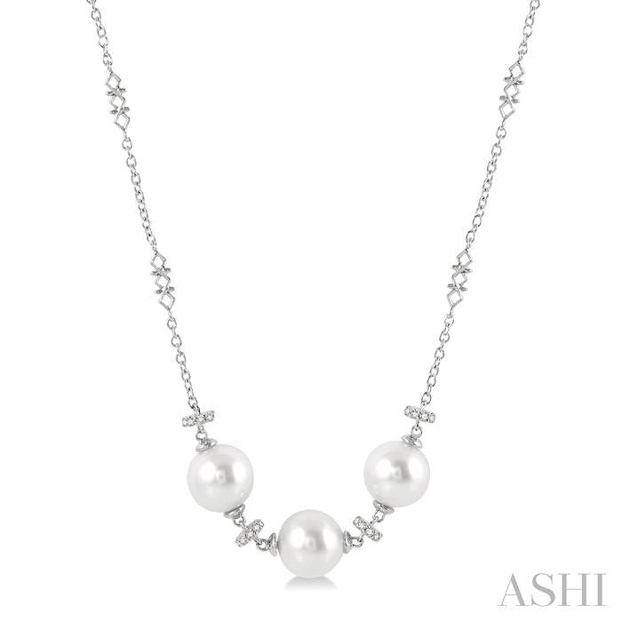8 MM Triple Cultured Pearls and 1/5 Ctw Round Cut Diamond Circular Mount Necklace in 14K White Gold