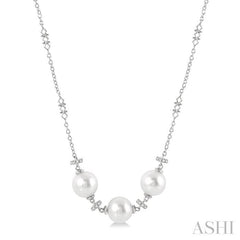 8 MM Triple Cultured Pearls and 1/5 Ctw Round Cut Diamond Circular Mount Necklace in 14K White Gold
