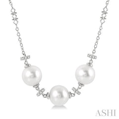 8 MM Triple Cultured Pearls and 1/5 Ctw Round Cut Diamond Circular Mount Necklace in 14K White Gold