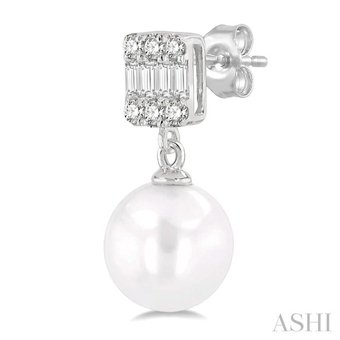 6 MM Cultured Pearls and 1/10 Ctw Baguette and Round Cut Diamond Earrings in 10K White Gold