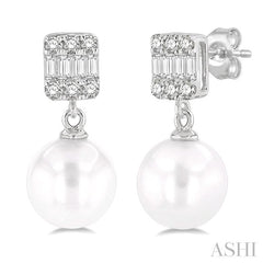 6 MM Cultured Pearls and 1/10 Ctw Baguette and Round Cut Diamond Earrings in 10K White Gold