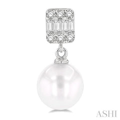 6 MM Cultured Pearls and 1/10 Ctw Baguette and Round Cut Diamond Earrings in 10K White Gold