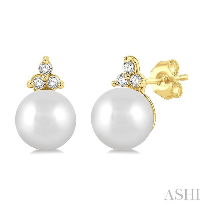5.5 MM Round Shape Cultured Pearls and 1/20 Ctw Petite Round Cut Diamond Fashion Stud Earring in 10K Yellow Gold