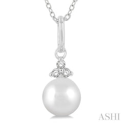 6 MM Round Shape Cultured Pearl and 1/50 Ctw Round Cut Diamond Petite Fashion Pendant With Chain in 10K White Gold