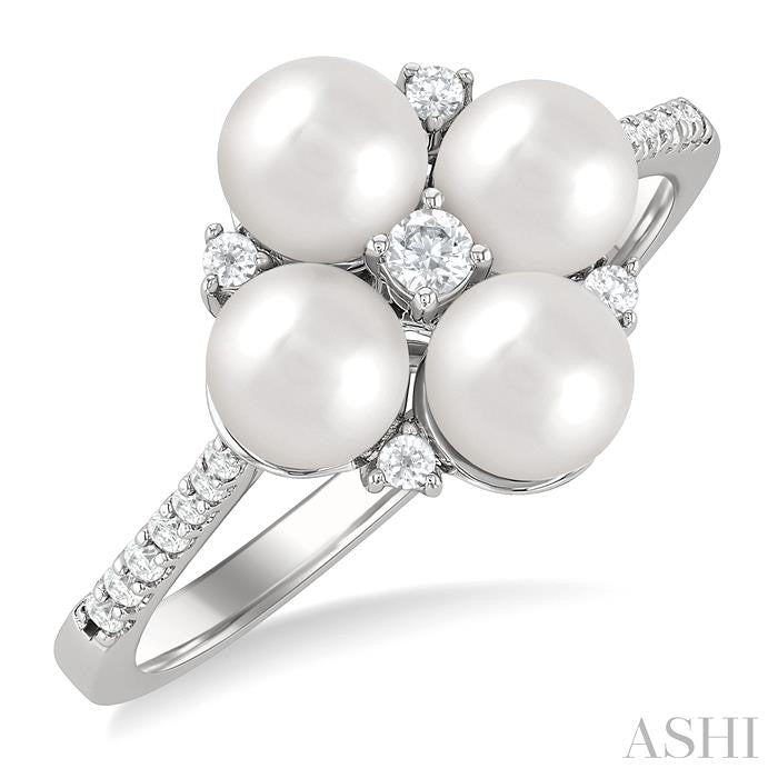 5x5 MM Round Shape Floral Cultured Pearls and 1/6 Ctw Round Cut Diamond Fashion Ring in 10K White Gold