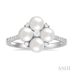 5x5 MM Round Shape Floral Cultured Pearls and 1/6 Ctw Round Cut Diamond Fashion Ring in 10K White Gold