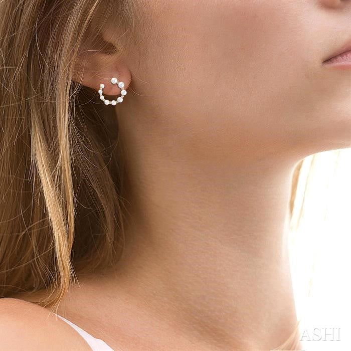 2.8 - 4.5 MM Round Shape Cultured Pearls and 1/5 Ctw Graduated Round Cut Diamond Half Hoop Earring in 14K Yellow Gold