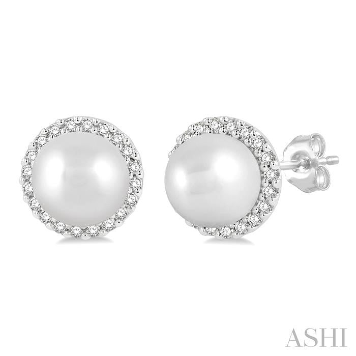 5.5 MM Round Shape Cultured Pearls and 1/8 Ctw Petite Round Cut Diamond Halo Fashion Stud Earring in 10K White Gold