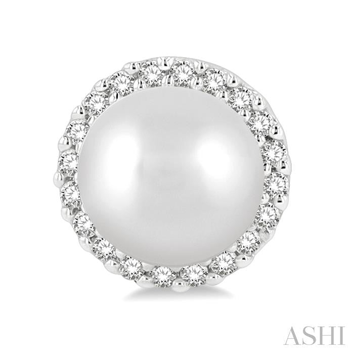5.5 MM Round Shape Cultured Pearls and 1/8 Ctw Petite Round Cut Diamond Halo Fashion Stud Earring in 10K White Gold