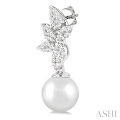 8 MM Cultured Pearl and 3/8 Ctw Round Cut Diamond Lovebright Fashion Earrings in 14K White Gold