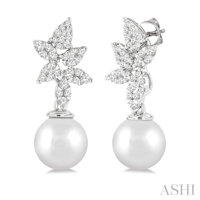 8 MM Cultured Pearl and 3/8 Ctw Round Cut Diamond Lovebright Fashion Earrings in 14K White Gold