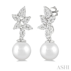 8 MM Cultured Pearl and 3/8 Ctw Round Cut Diamond Lovebright Fashion Earrings in 14K White Gold