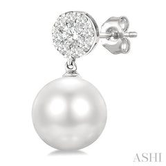7 MM Cultured White Pearl and 1/4 Ctw Disc Top Lovebright Round Cut Diamond Fashion Earrings in 10K White Gold