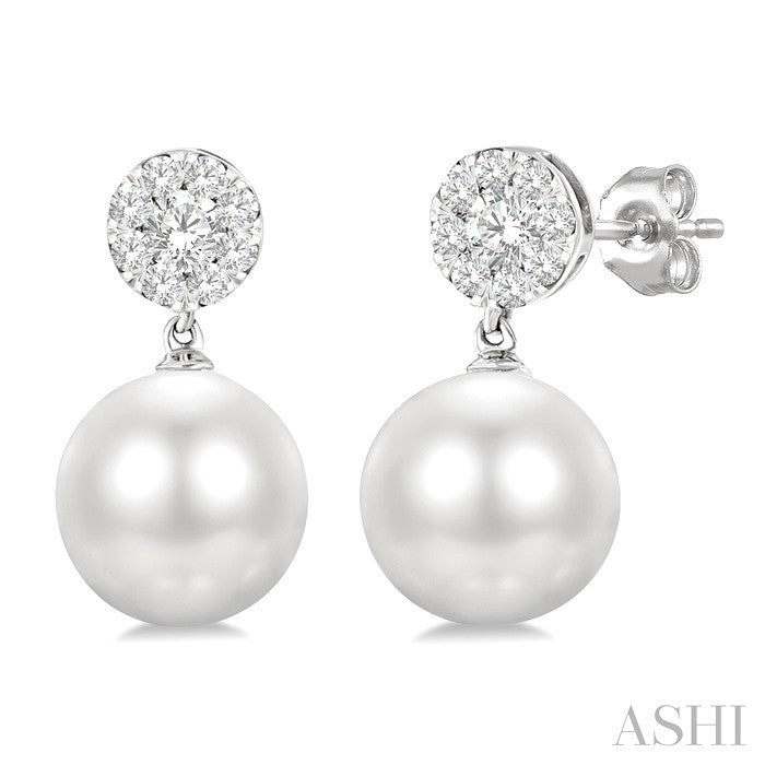 7 MM Cultured White Pearl and 1/4 Ctw Disc Top Lovebright Round Cut Diamond Fashion Earrings in 10K White Gold
