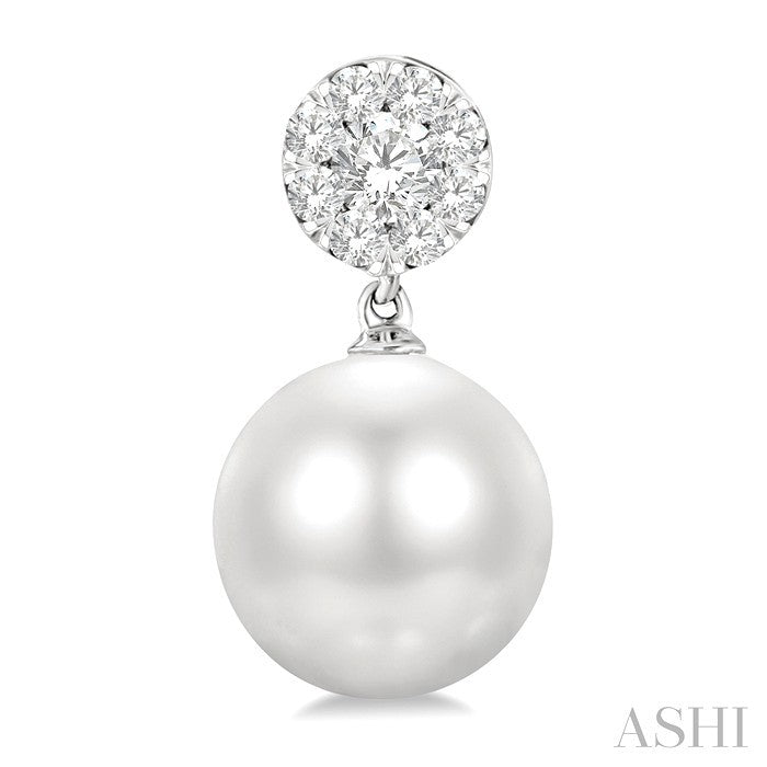 7 MM Cultured White Pearl and 1/4 Ctw Disc Top Lovebright Round Cut Diamond Fashion Earrings in 10K White Gold