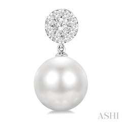 7 MM Cultured White Pearl and 1/4 Ctw Disc Top Lovebright Round Cut Diamond Fashion Earrings in 10K White Gold