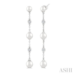 4 MM, 5 MM & 6 MM Round Shape Cultured Pearls and 1/10 Ctw Round Cut Diamond Station Long Earring in 14K White Gold